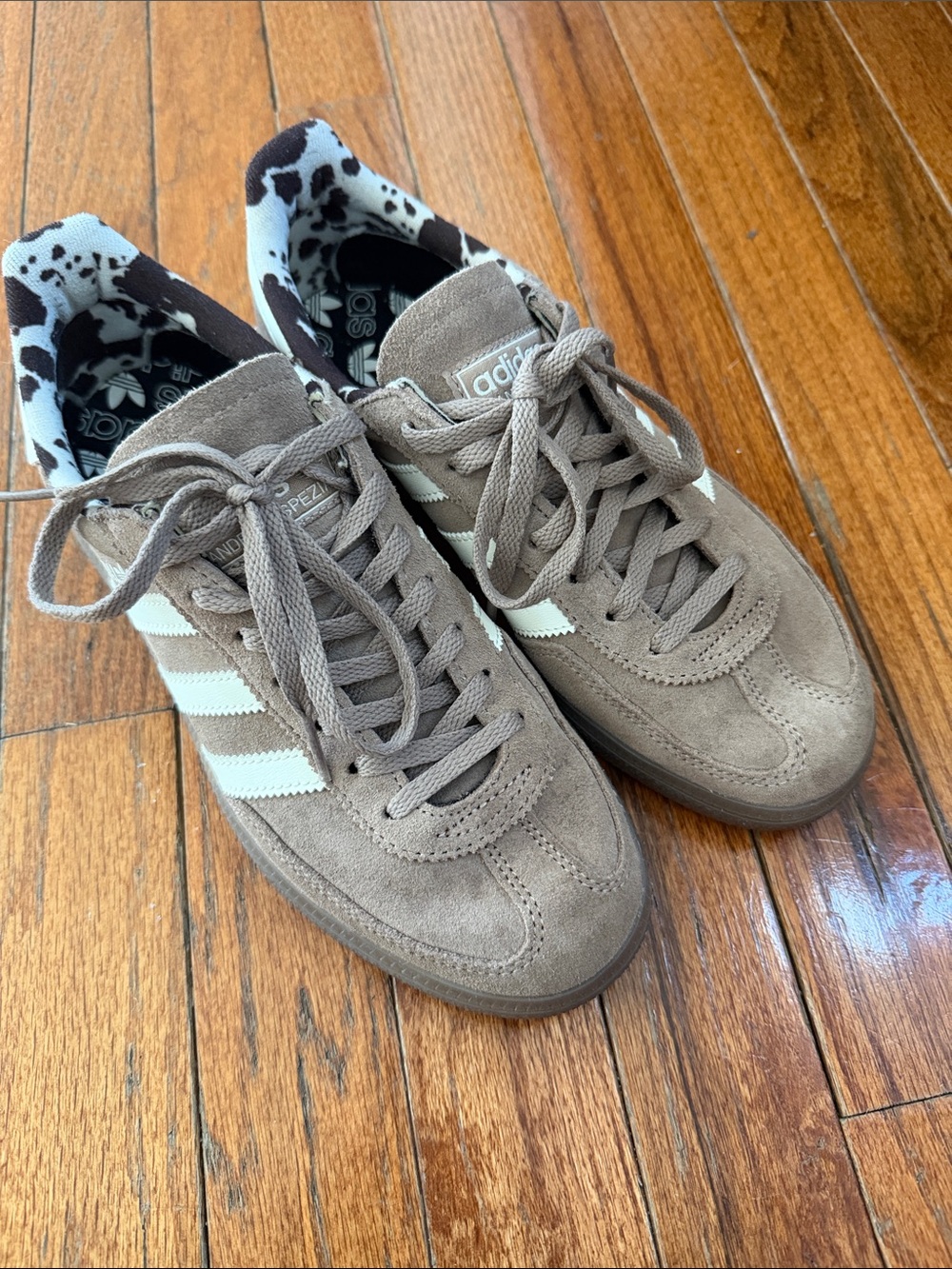 adidas Suede Sneakers in Taupe with White Stripes and Cow Print Lining